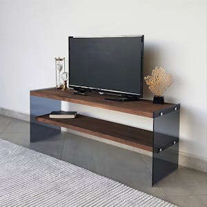 Meuble TV en bois marron et verre fumé - 2 niveaux LHASA